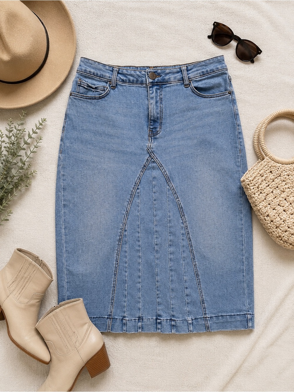 One 5 One Western Light Wash Denim Midi Skirt Paneled Stretch Jean Skirt Size M
